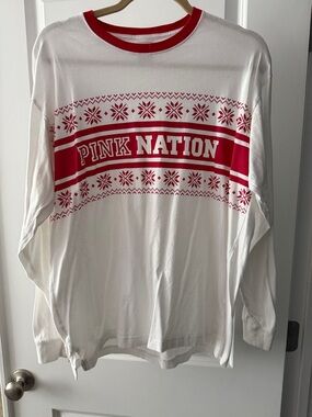 PINK Victoria's Secret White Long Sleeve 'PINK NATION' Tee with Red Graphic